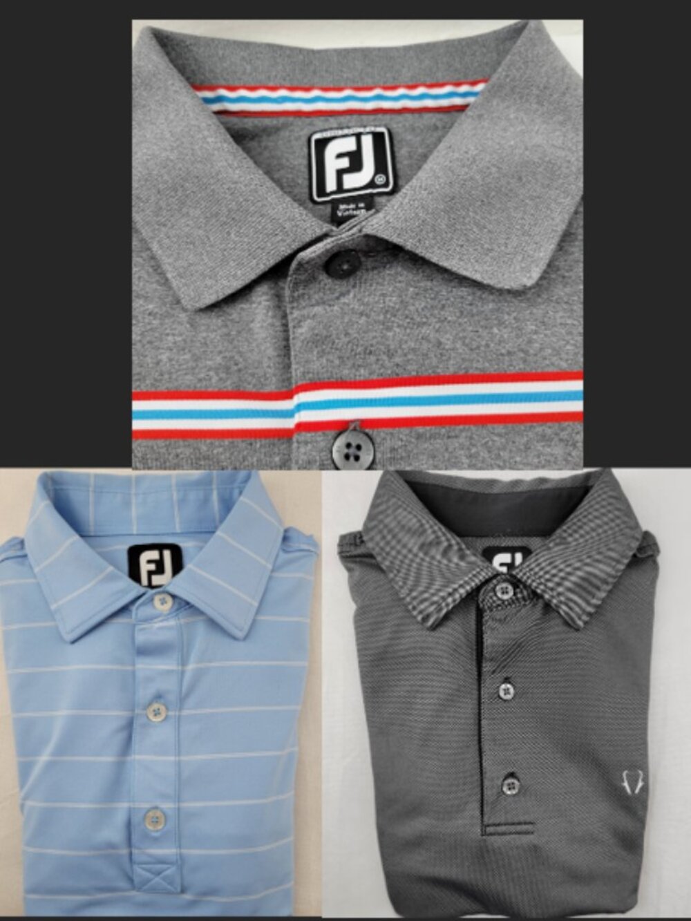 LOT of 3 Footjoy size M Mens Polo Golf Shirt Striped Gray Charcoal Blue FJ